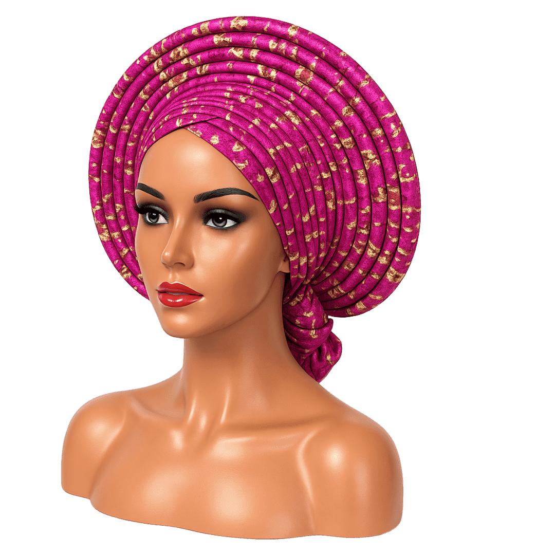 Pre-Tied Auto Gele Nigerian Headwrap – Fuchsia & Gold Aso Oke