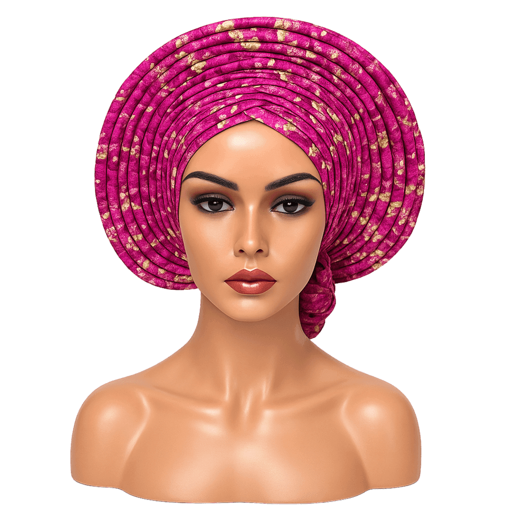 Pre-Tied Auto Gele Nigerian Headwrap – Fuchsia & Gold Aso Oke