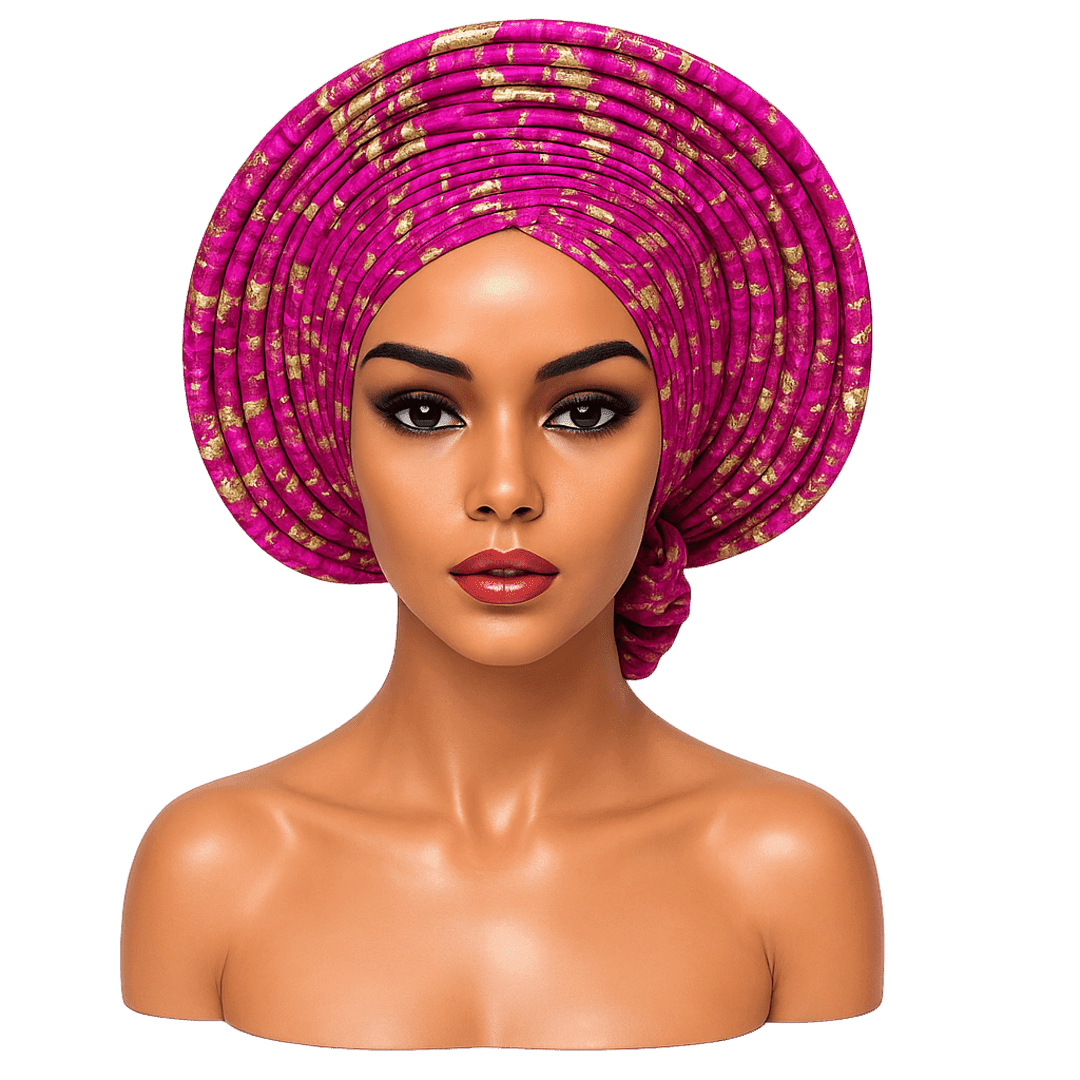 Pre-Tied Auto Gele Nigerian Headwrap – Fuchsia & Gold Aso Oke