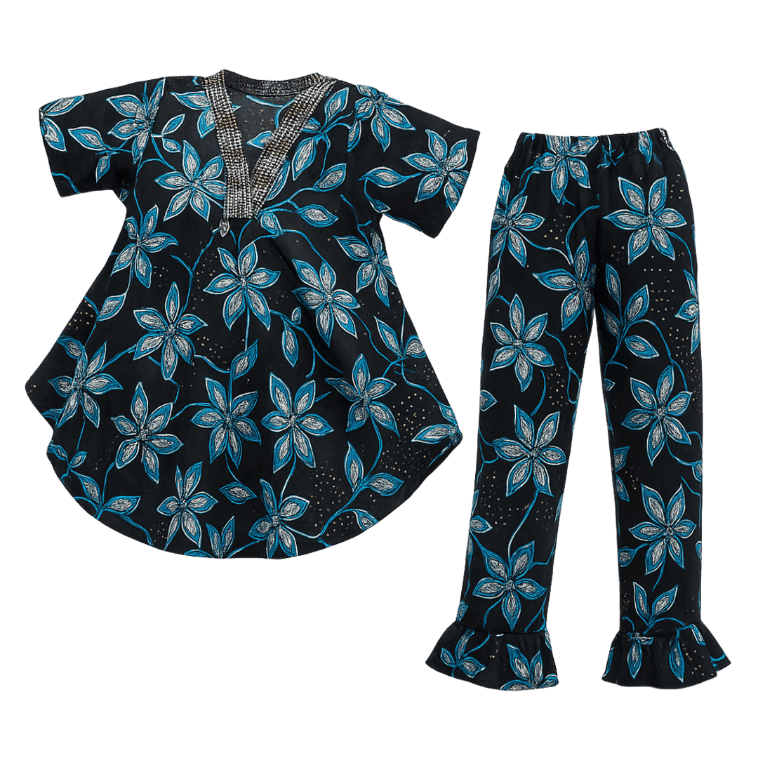 Ankara Top & Pants Set – Black, Blue & White Floral