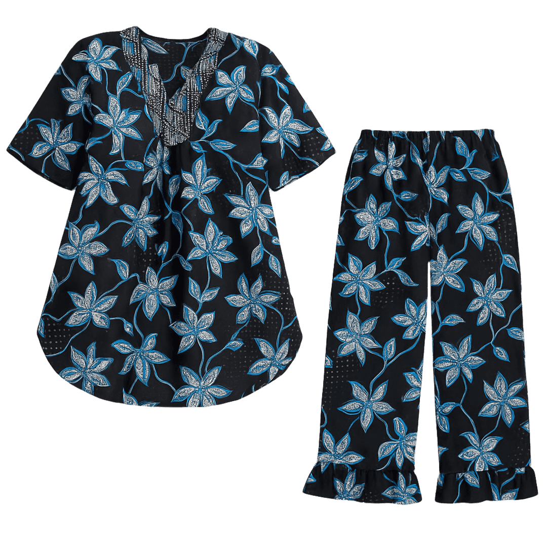 Ankara Top & Pants Set – Black, Blue & White Floral