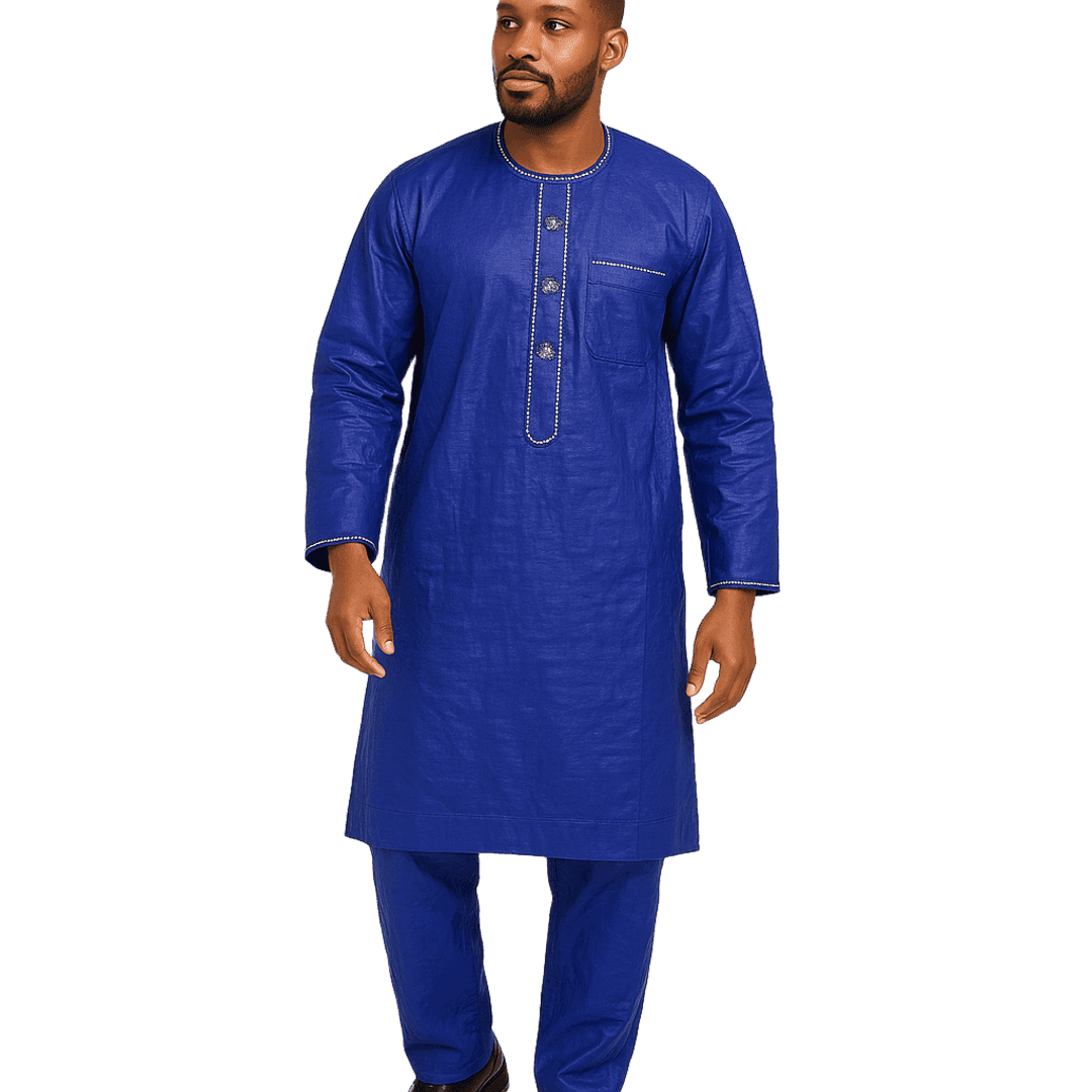 Men's Royal Blue African 2-Piece Set – Embroidered Top & Pants