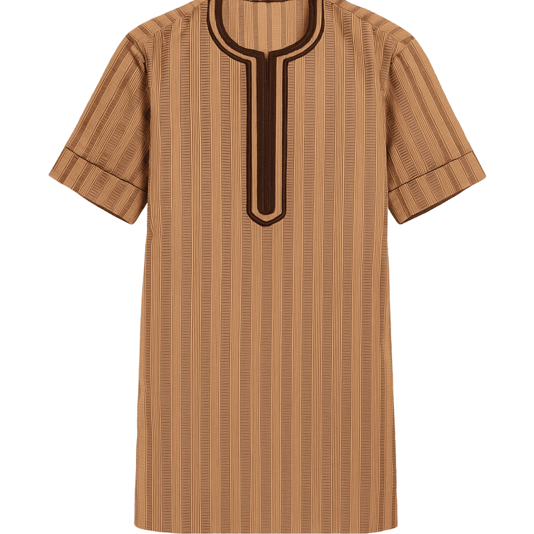 Men's African Pinstripe Kaftan Top & Pants – Brown Embroidered Neckline