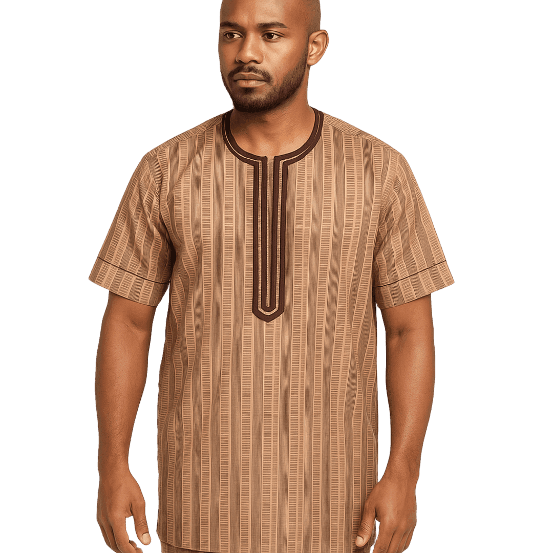 Men's African Pinstripe Kaftan Top & Pants – Brown Embroidered Neckline