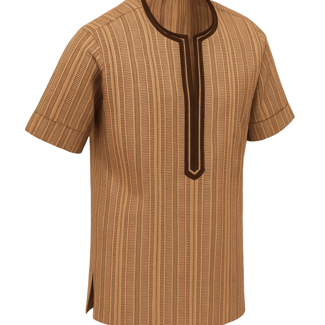 Men's African Pinstripe Kaftan Top & Pants – Brown Embroidered Neckline