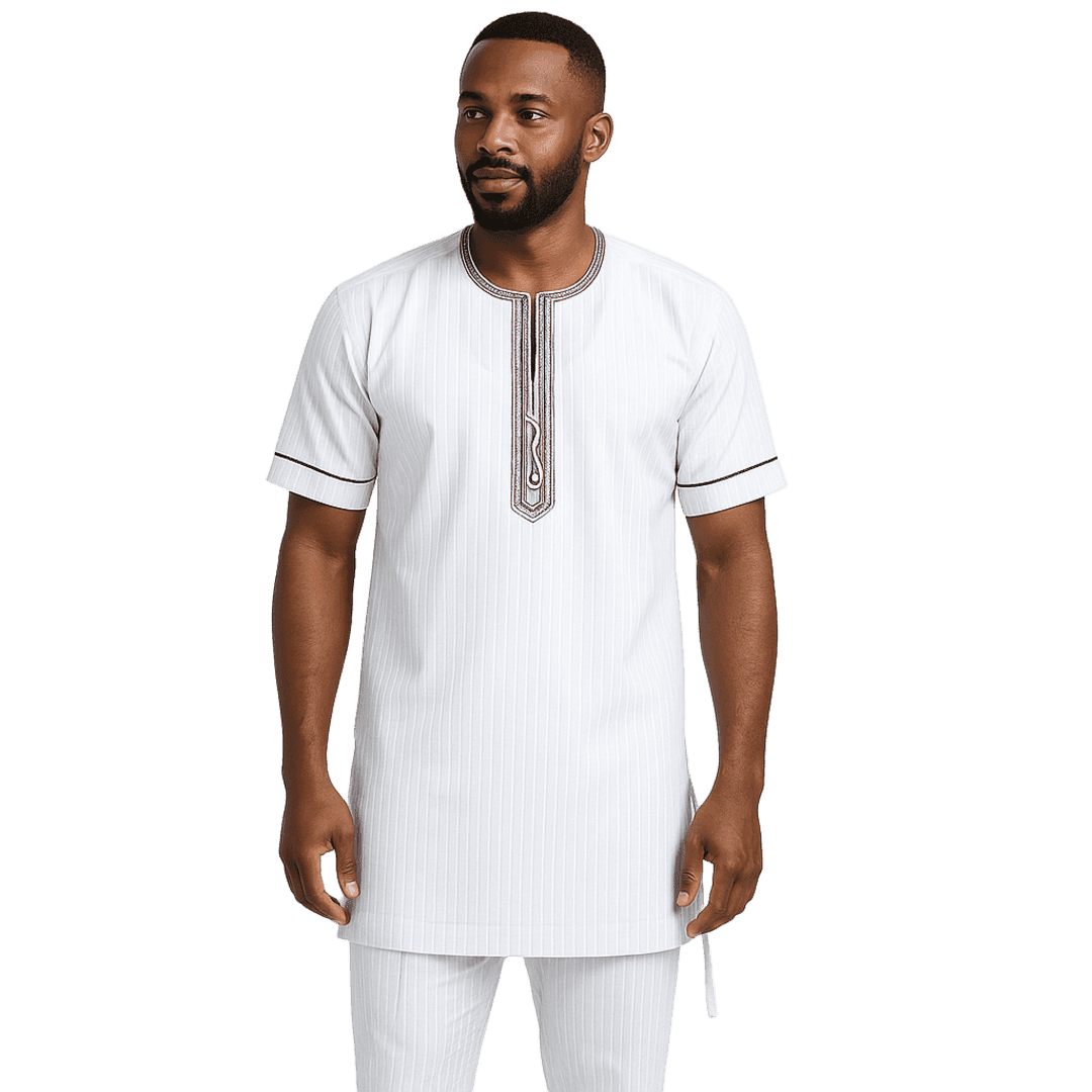 Men's African Embroidered Kaftan Set – Top & Drawstring Trousers