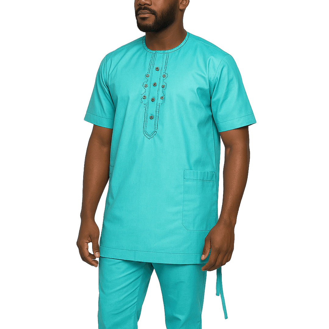 Men's West African 2-Piece Set – Turquoise with Embroidery
