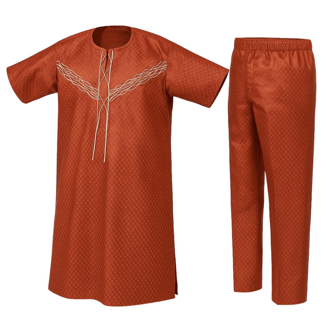 Men's African Senator 2-Piece Set – Burnt Orange with Embroidery