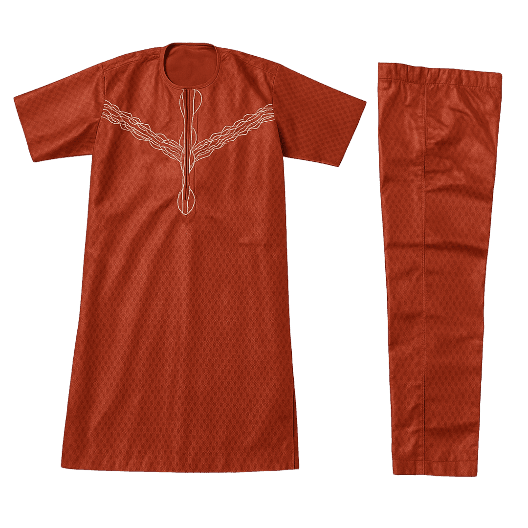 Men's African Senator 2-Piece Set – Burnt Orange with Embroidery
