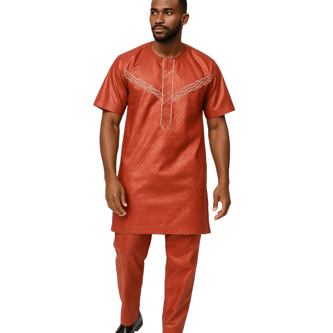 Men's African Senator 2-Piece Set – Burnt Orange with Embroidery