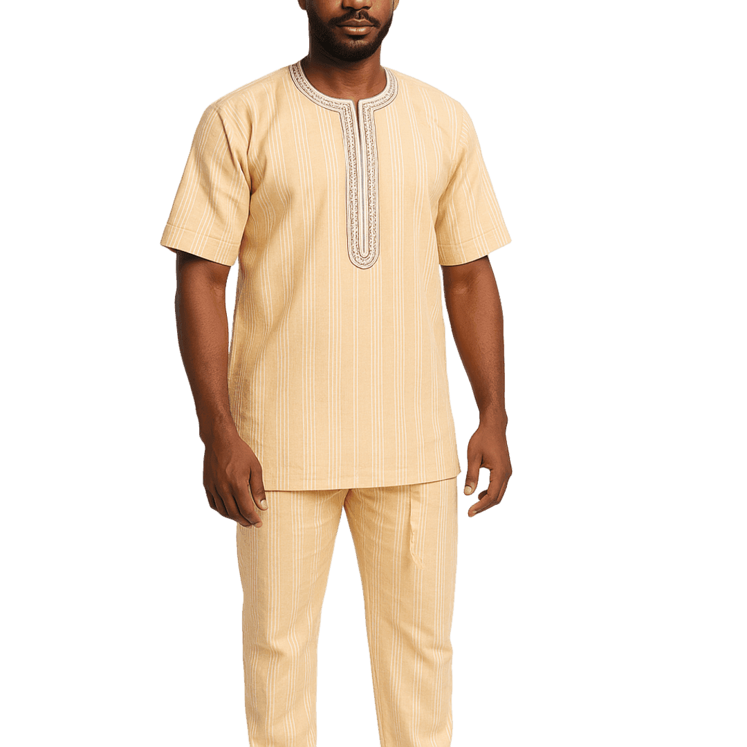 Men's Traditional African Striped Kaftan & Trouser Set – Sand Gold 2-Piece