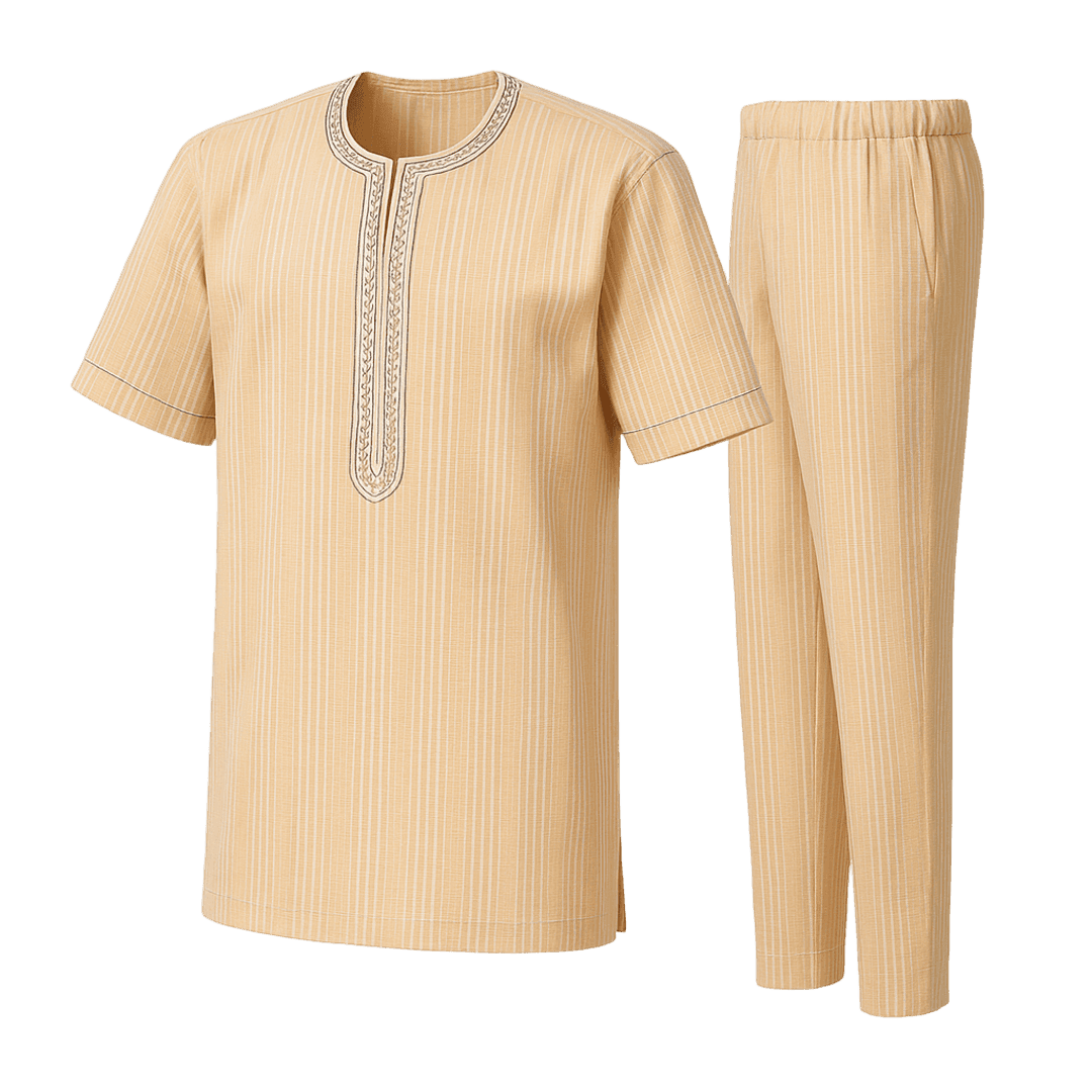 Men's Traditional African Striped Kaftan & Trouser Set – Sand Gold 2-Piece