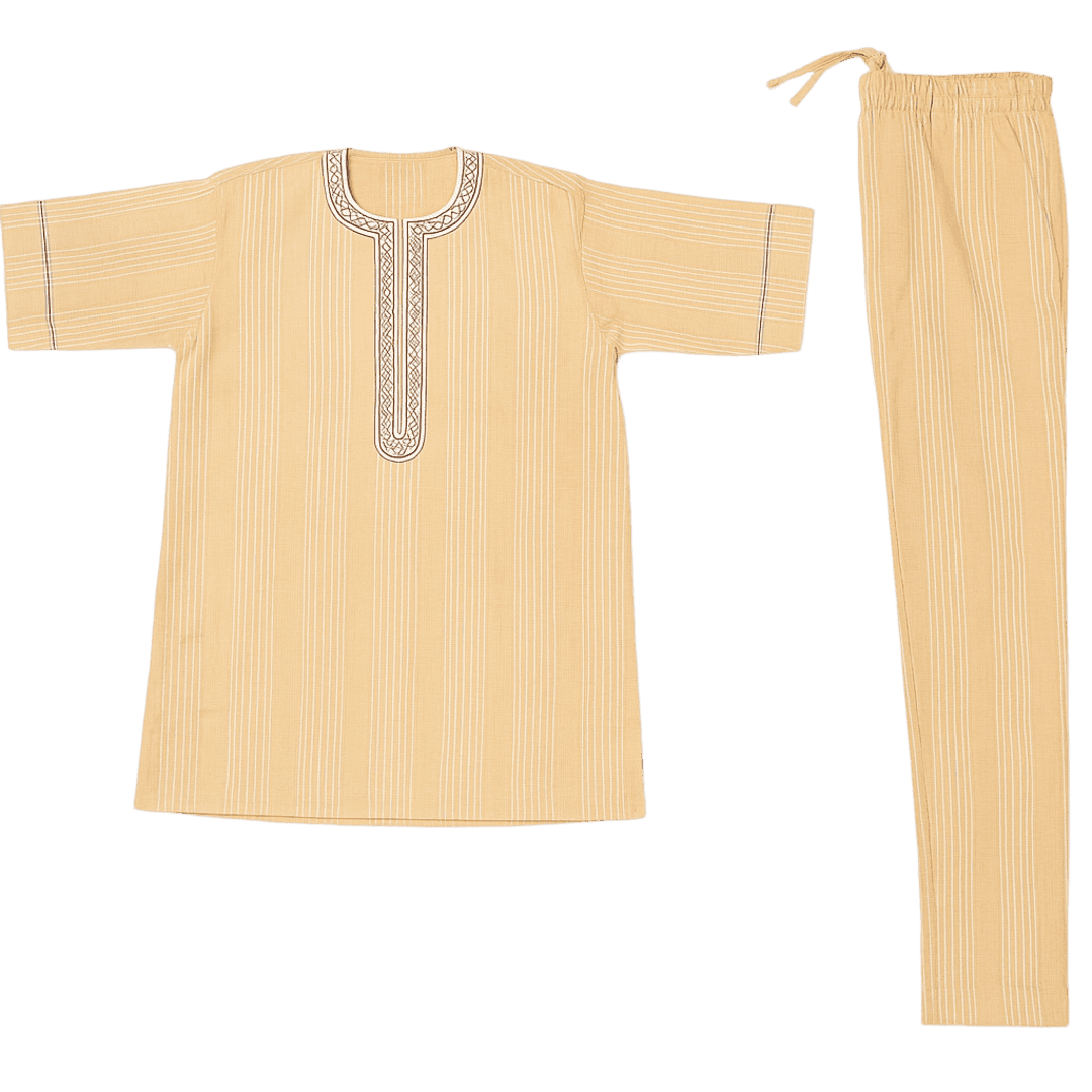 Men's Traditional African Striped Kaftan & Trouser Set – Sand Gold 2-Piece