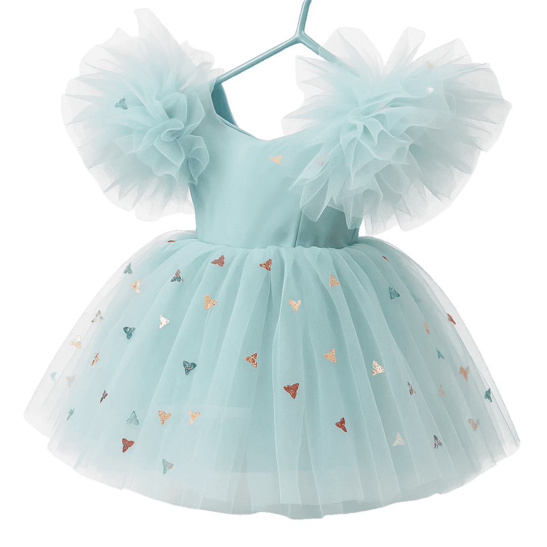 Girls' Mint Princess Dress with Colorful Butterfly Sequins