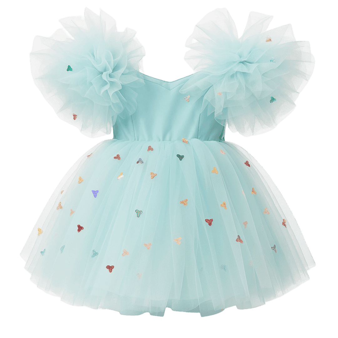 Girls' Mint Princess Dress with Colorful Butterfly Sequins