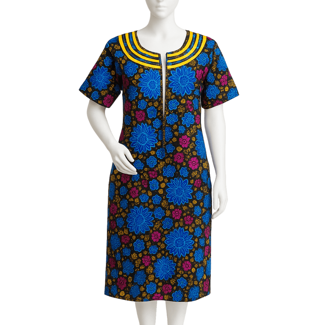 African Print Floral Midi Dress – Blue, Black & Yellow Ankara image 3