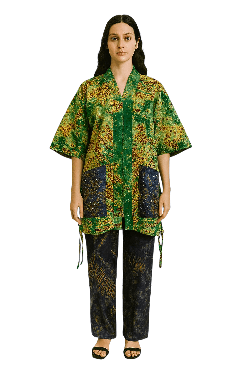 Adire Print Two-Piece Set: African Cotton Top & Wide-Leg Pants