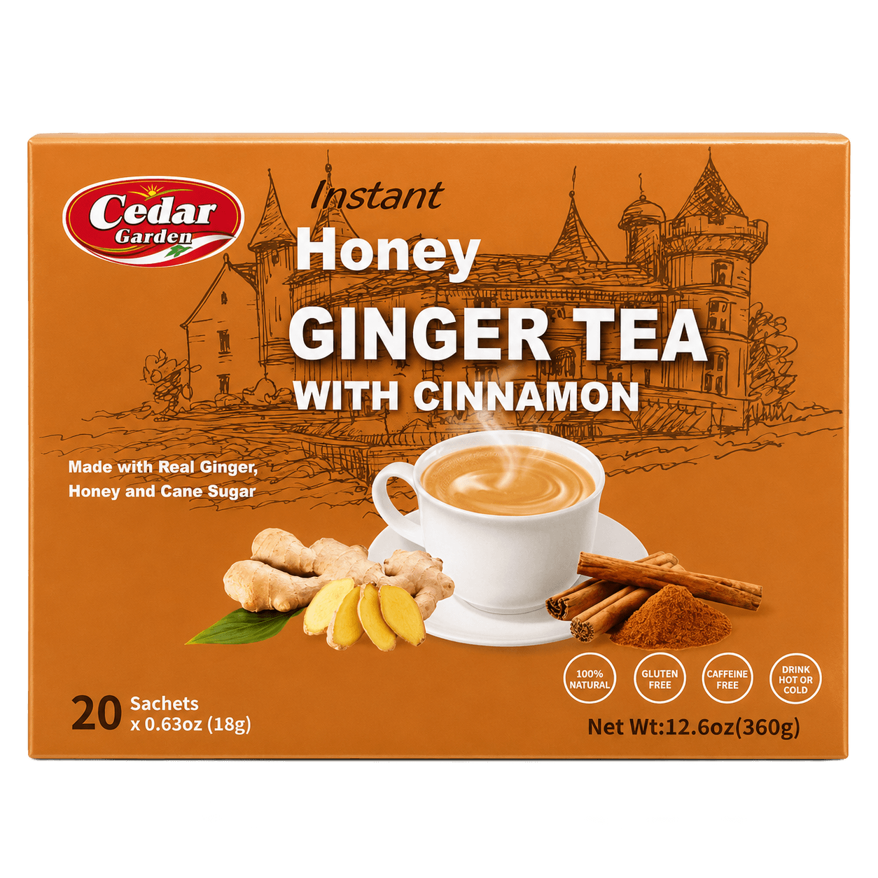 Cedar Garden Instant Honey Ginger Tea with Cinnamon - 20 Sachets (360g)