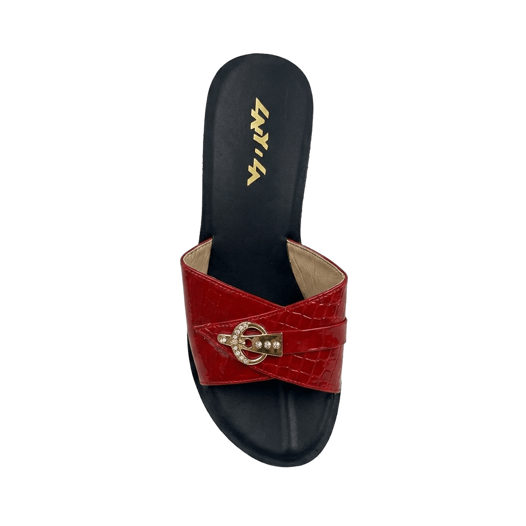 Layila Red Croc-Embossed Slide Sandals (Gold Buckle)