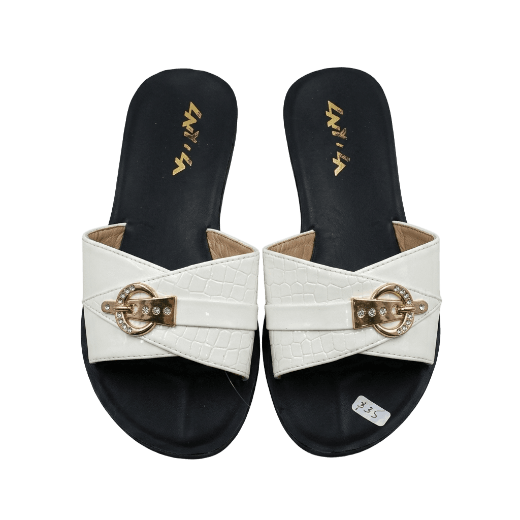 Layila White Croc-Embossed Slide Sandals (Gold Buckle)