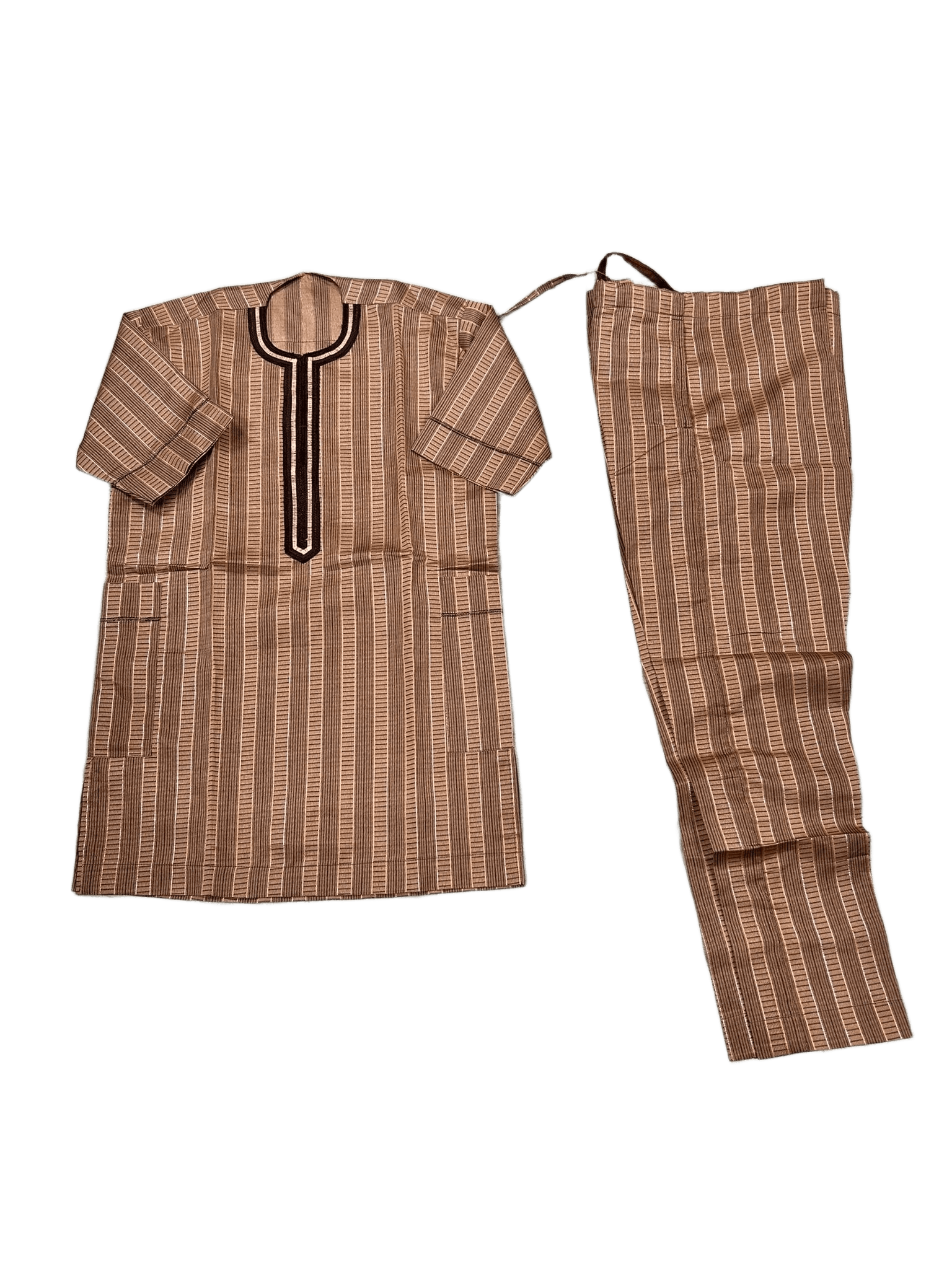 Men's African Pinstripe Kaftan Top & Pants – Brown Embroidered Neckline
