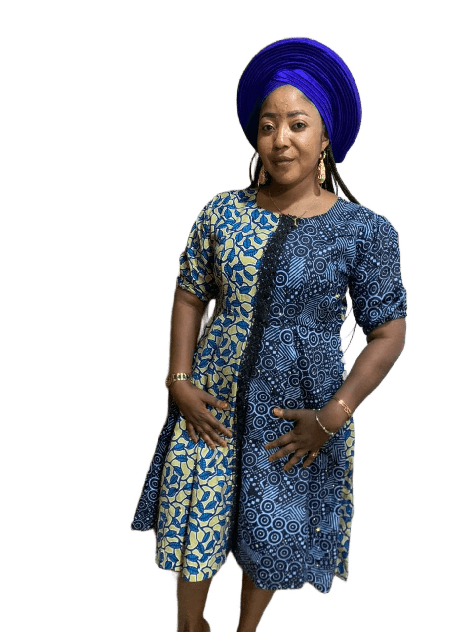 African Print Ankara 3 Quarter Gown- Blue & Gold
