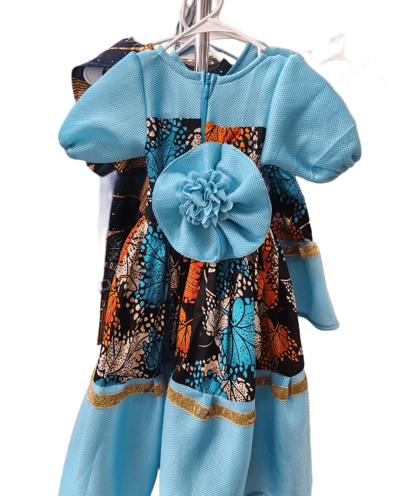 Girls' African Print Ankara Dress with Turquoise Mesh & Gold Trim image 3
