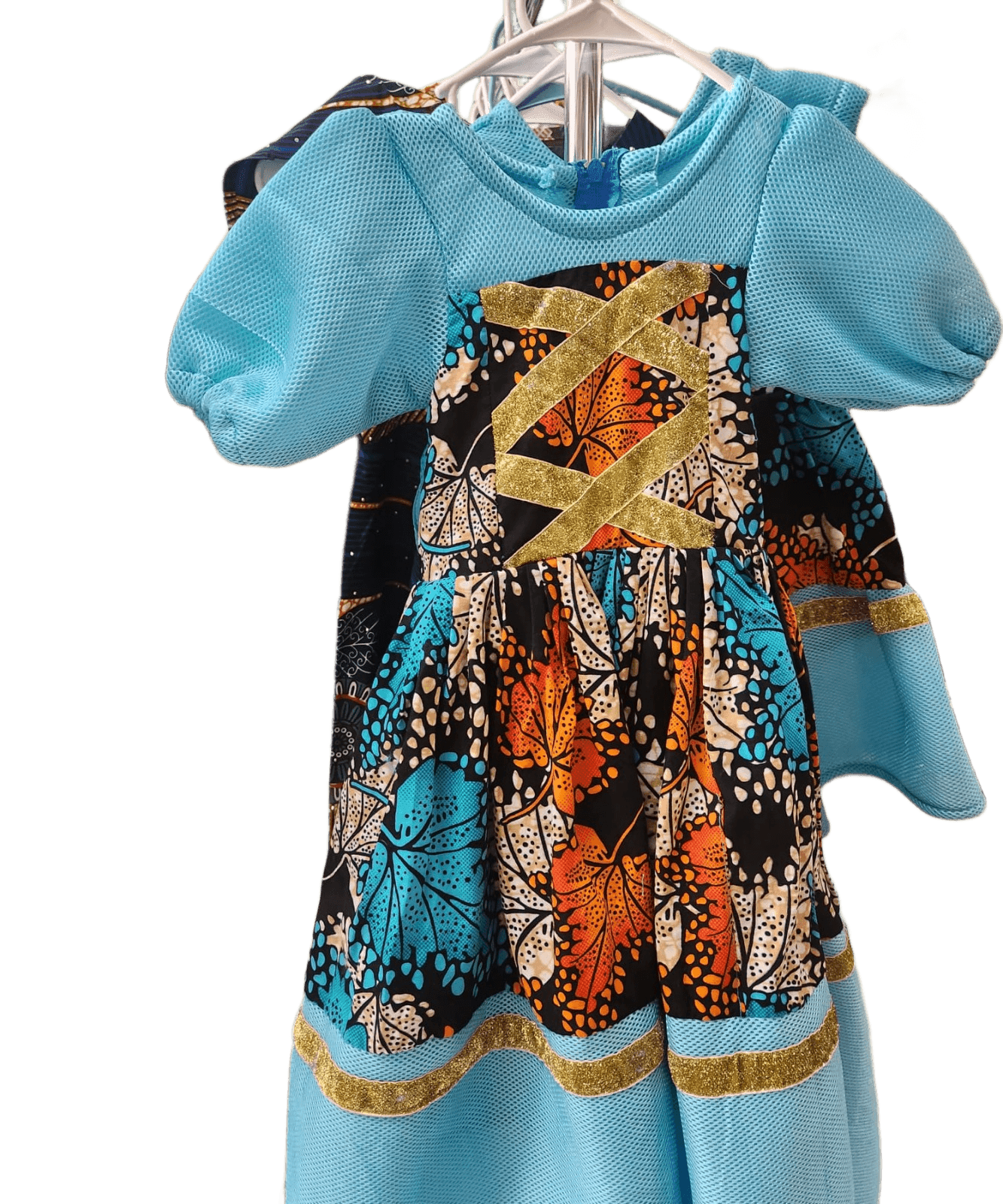 Girls' African Print Ankara Dress with Turquoise Mesh & Gold Trim image 2