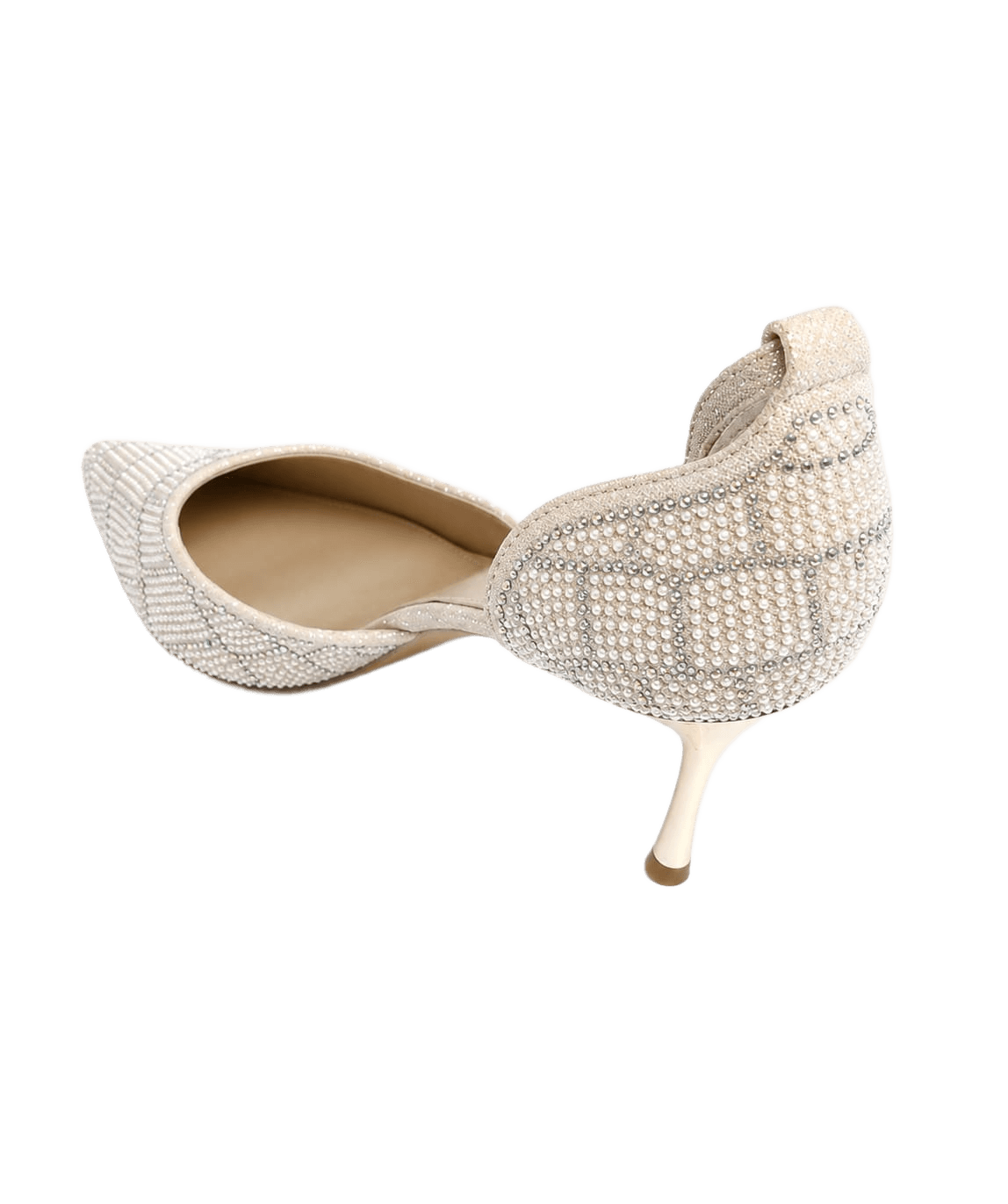 Pearl & Crystal Embellished Kitten Heel Pumps – Champagne/Ivory